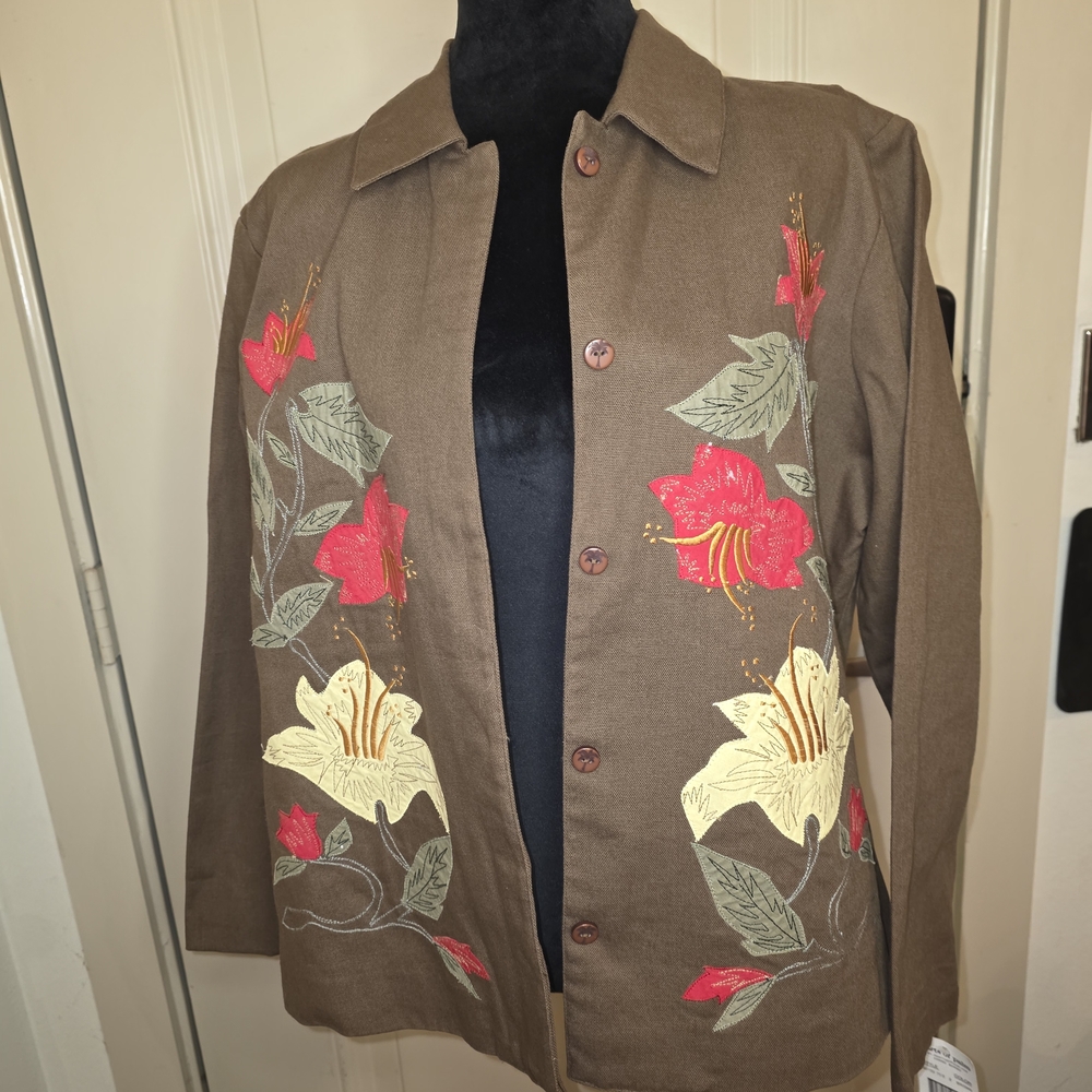 Hearts of Palm Embroidered Floral Jacket 100% Cotton Sz 14 Boho Indie Art
